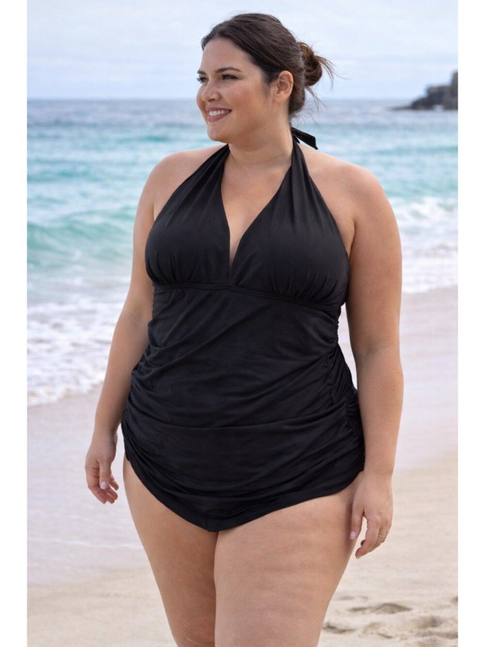 Anne Cole Black Halter Plunge Twist Front One Piece Swimsuit Size 16 NWT
